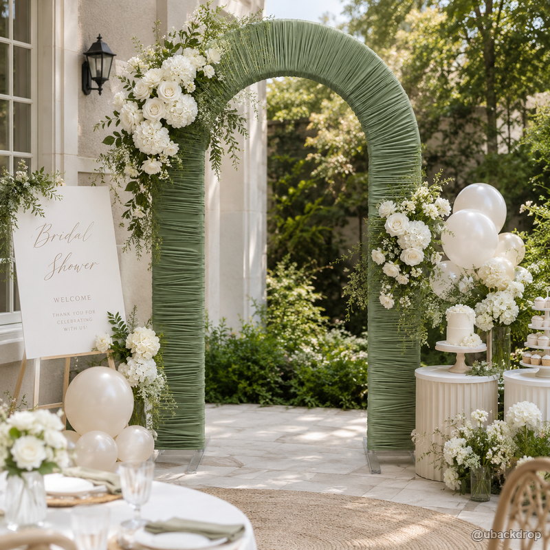 Sage green ruched arch party stand bridal shower backdrop