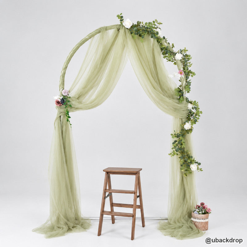 Sage green wedding backdrop hoop draped tulle floral garland ceremony prop