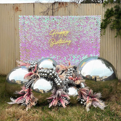 Pink Mermaid Shimmer Wall Backdrop with Silver Mirror Balls – Iridescent Wedding, Birthday & Party Decoration Set