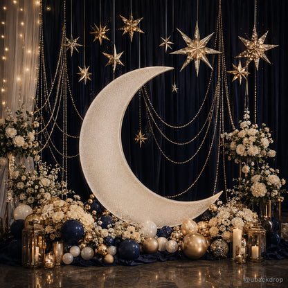 Silver crescent moon night sky wedding party backdrop