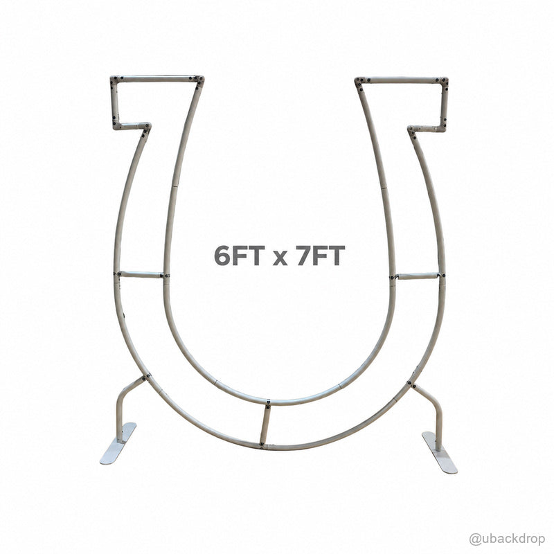 Silver metal u shaped wedding backdrop arch frame with feet on white