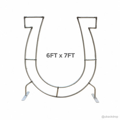 Silver metal u shaped wedding backdrop arch frame with feet on white