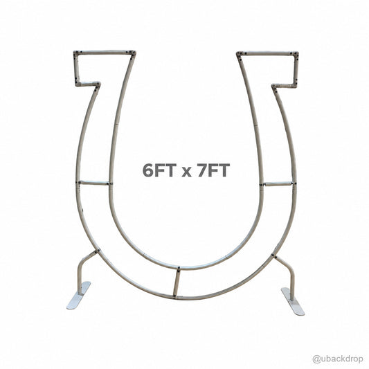 Silver metal u shaped wedding backdrop arch frame with feet on white