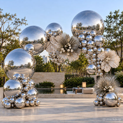 Silver mirror balloon sphere clusters outdoor event entrance decoration display