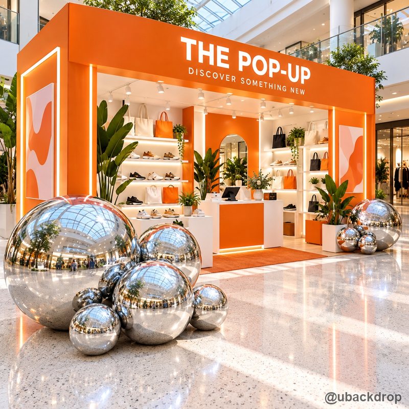 Silver mirror inflatable balls orange pop up shop mall display