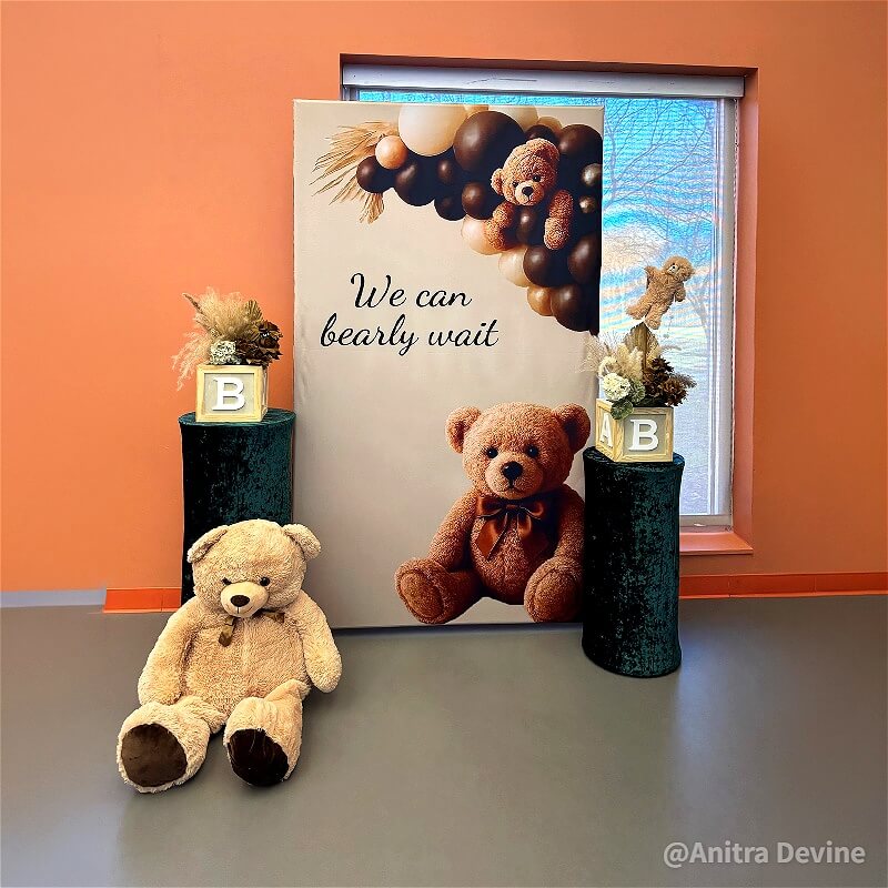 4x7ft rectangular party backdrop cover featuring "We can bearly wait" text, arched brown balloon design, and teddy bears.