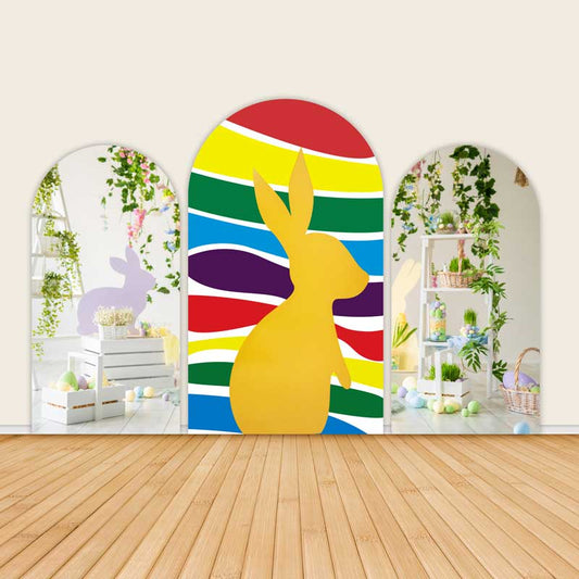 Easter Colorful Stripes and Spring Floral Bunny Arch Backdrop Covers-ubackdrop