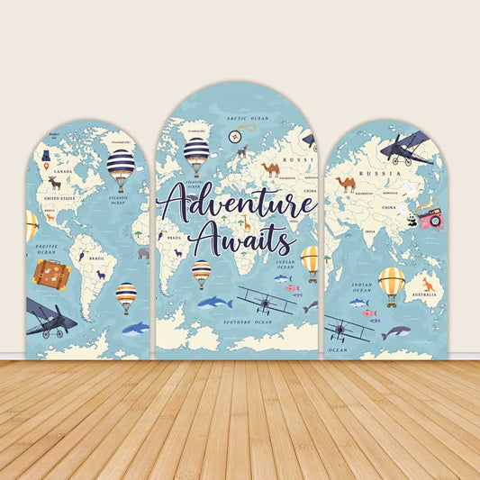 Adventure Awaits World Map Hot Air Balloon Travel Theme Arch Backdrop Covers