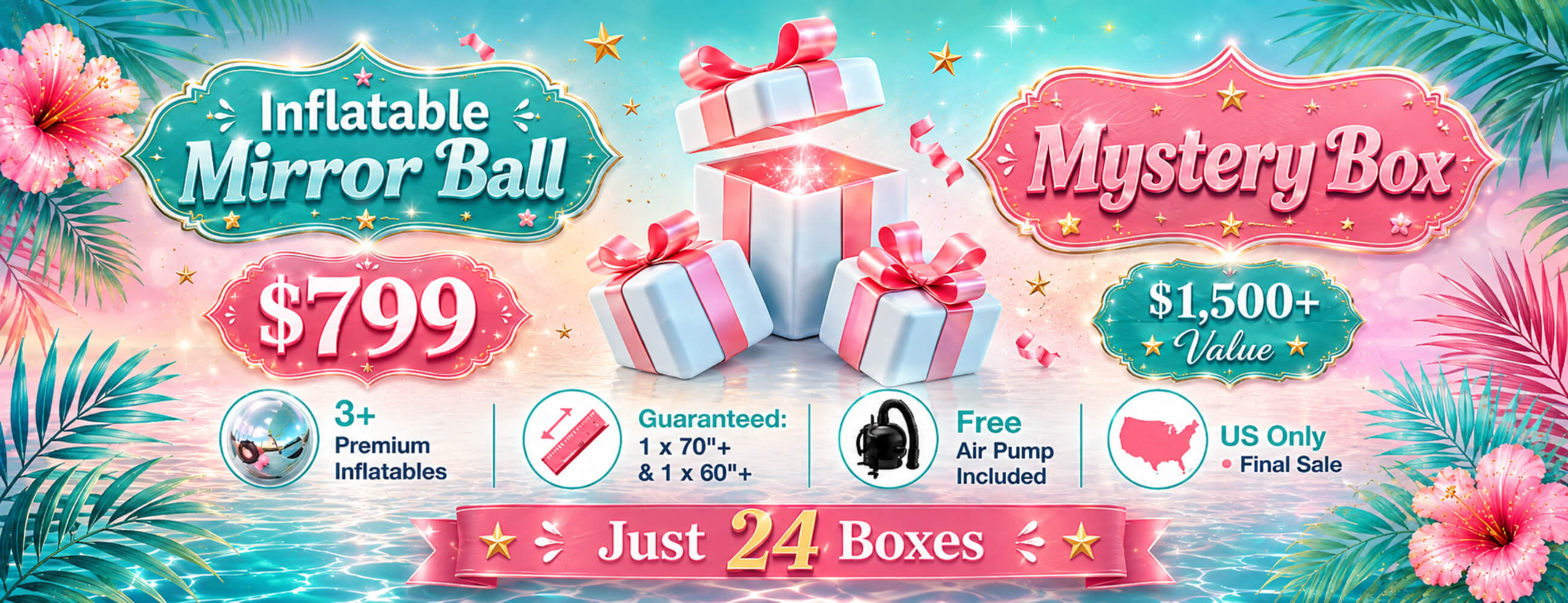 Tropical promotional poster advertising an inflatable mirror ball mystery box