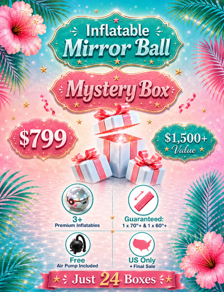 Tropical promotional poster for an inflatable mirror ball mystery box