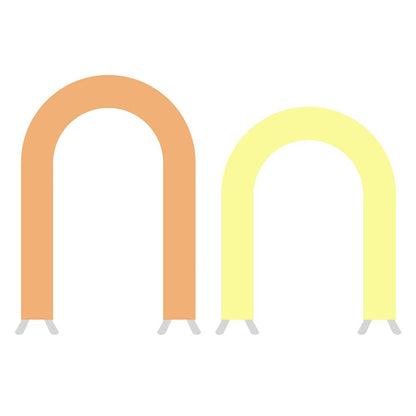 Two simple open arch frames for party decoration, one orange and one yellow, with small grey feet.