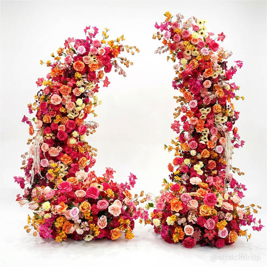 6+7FT Pink & Orange Horned Flower Arch Floral Backdrop for Colorful Party Decor