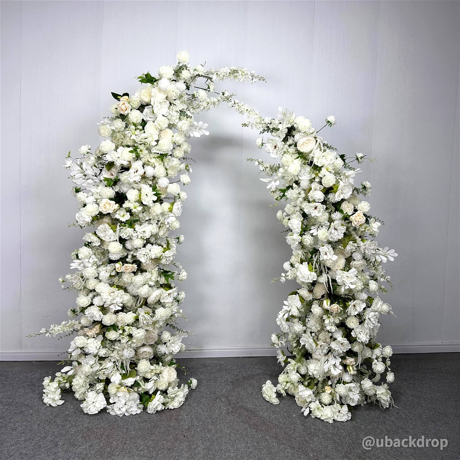 6+7FT White Rose and Hydrangea Horn-Shaped Flower Wall with Greenery for Party Decor-ubackdrop