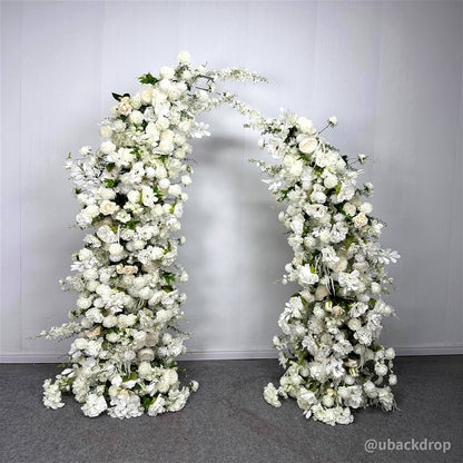 6+7FT White Rose and Hydrangea Horn-Shaped Flower Wall with Greenery for Party Decor-ubackdrop