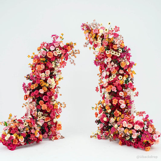6+7FT Pink & Orange Horned Flower Arch Floral Backdrop for Colorful Party Decor-ubackdrop