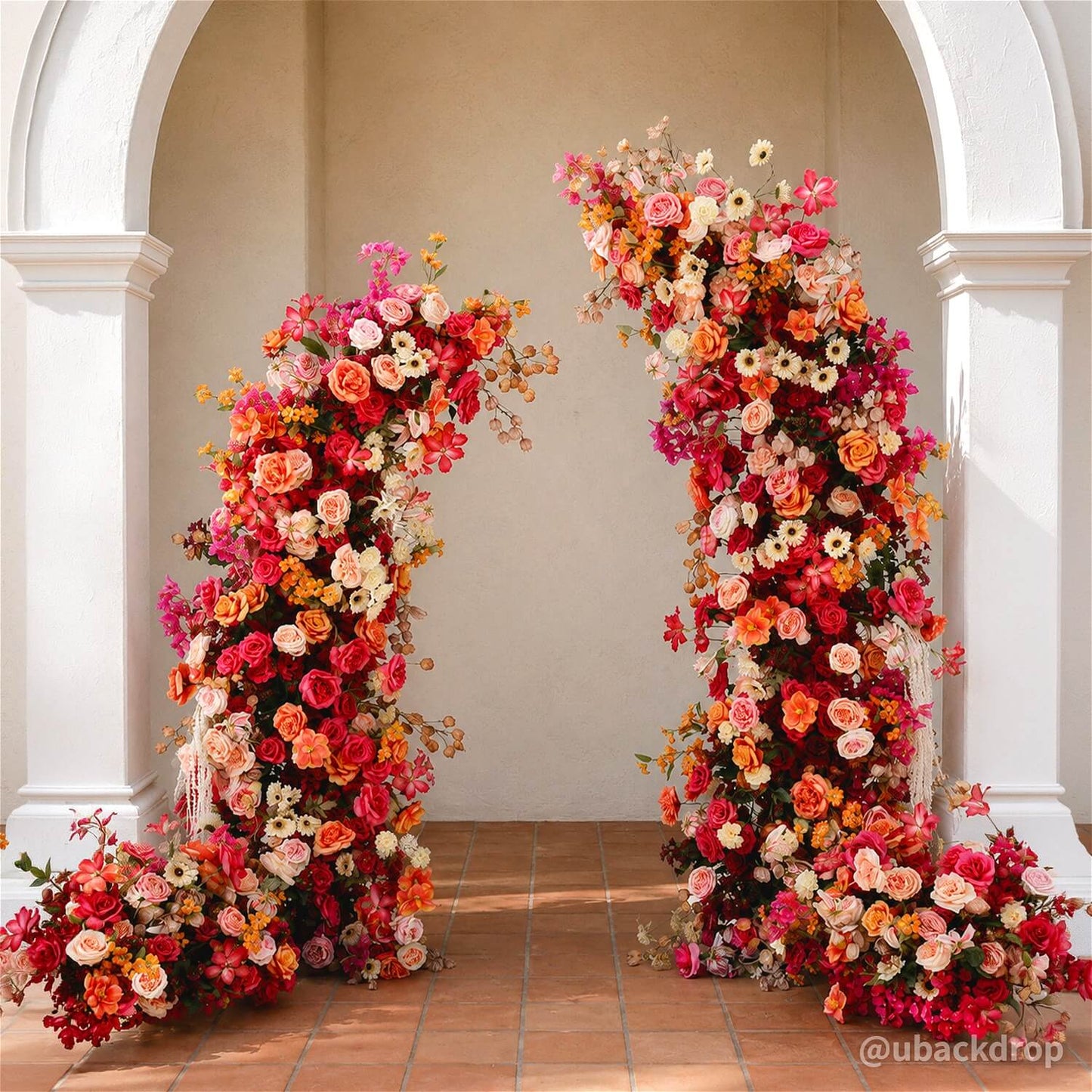 6+7FT Pink & Orange Horned Flower Arch Floral Backdrop for Colorful Party Decor-ubackdrop