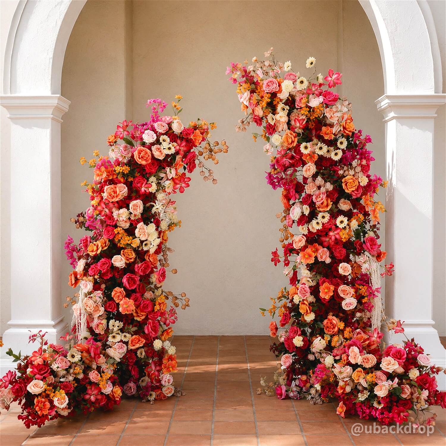 6+7FT Pink & Orange Horned Flower Arch Floral Backdrop for Colorful Party Decor-ubackdrop