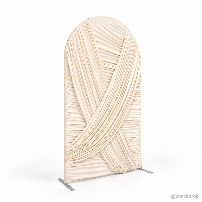 Warm ivory crisscross pleated chiara arch backdrop cover angled product view