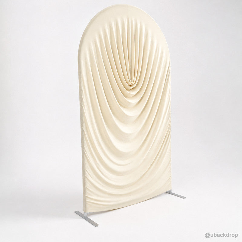 Warm ivory pleated arch fabric backdrop cover left angled product view