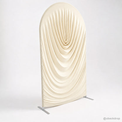 Warm ivory pleated arch fabric backdrop cover left angled product view