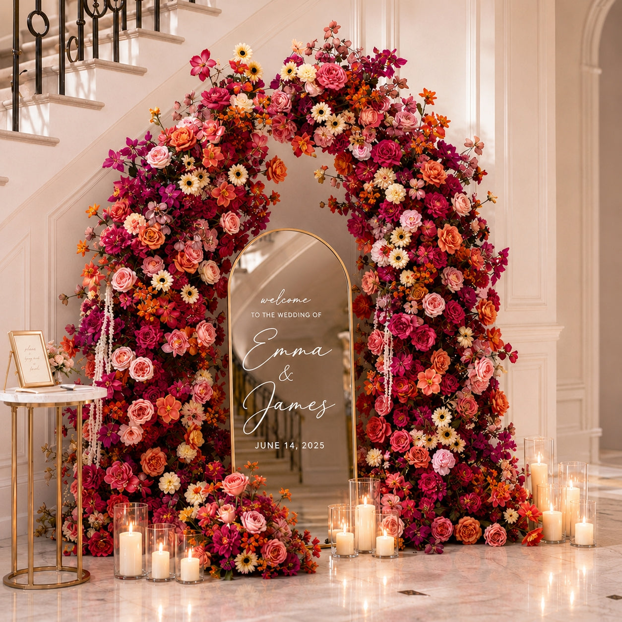 6+7FT Pink & Orange Horned Flower Arch Floral Backdrop for Colorful Party Decor-ubackdrop