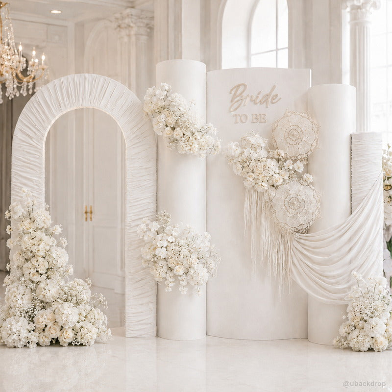 White bridal column arch floral wedding ceremony photo backdrop