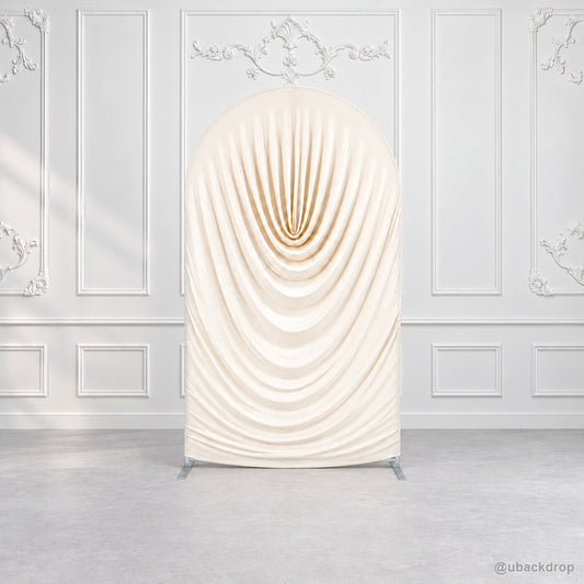 White cowl draped chiara arch backdrop cover ornate wall scene