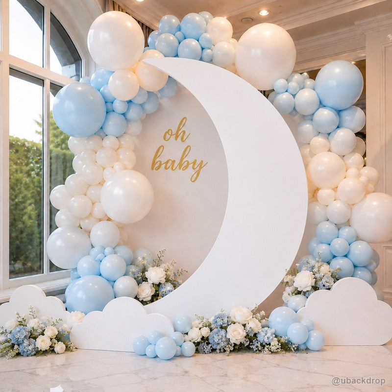 White crescent moon baby shower balloon party backdrop