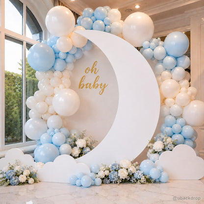 White crescent moon baby shower balloon party backdrop