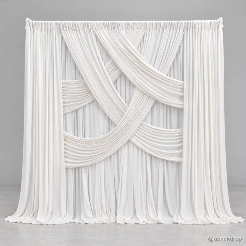 White cross layered drape party backdrop stand front view