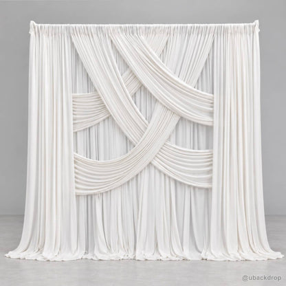 White cross layered drape party backdrop stand front view