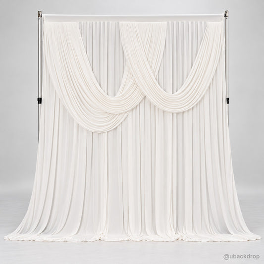 White double swag curtain party backdrop stand front product view