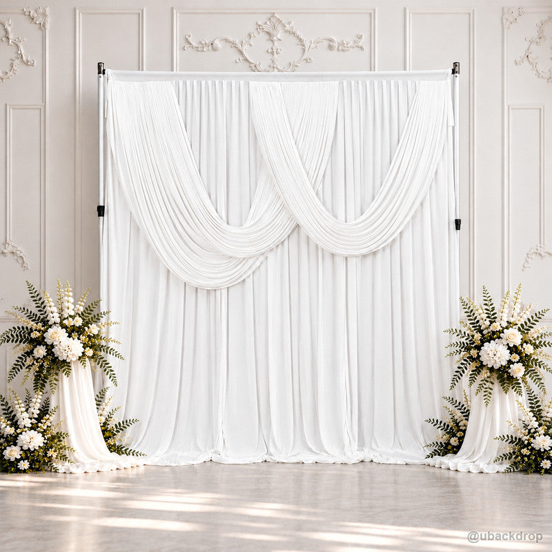 White double swag party curtain backdrop with stand and flowers 8x10ft