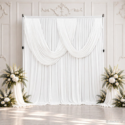 White double swag party curtain backdrop with stand and flowers 8x10ft