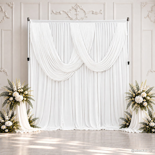White double swag party curtain backdrop with stand and flowers 8x10ft