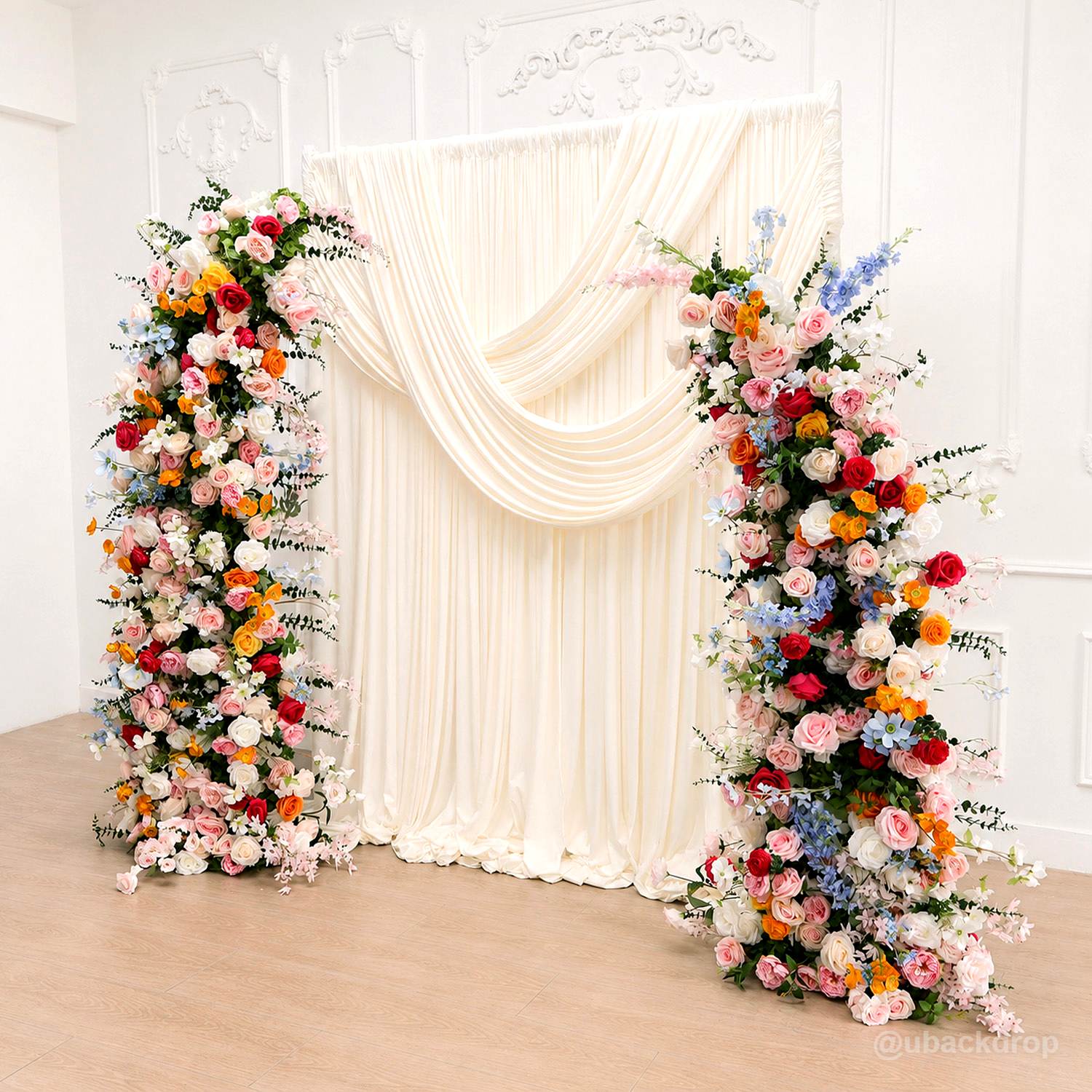 6+7FT Multi-Color Mixed Rose and Hydrangea Horn-Shaped Flower Wall for Party Decor-ubackdrop