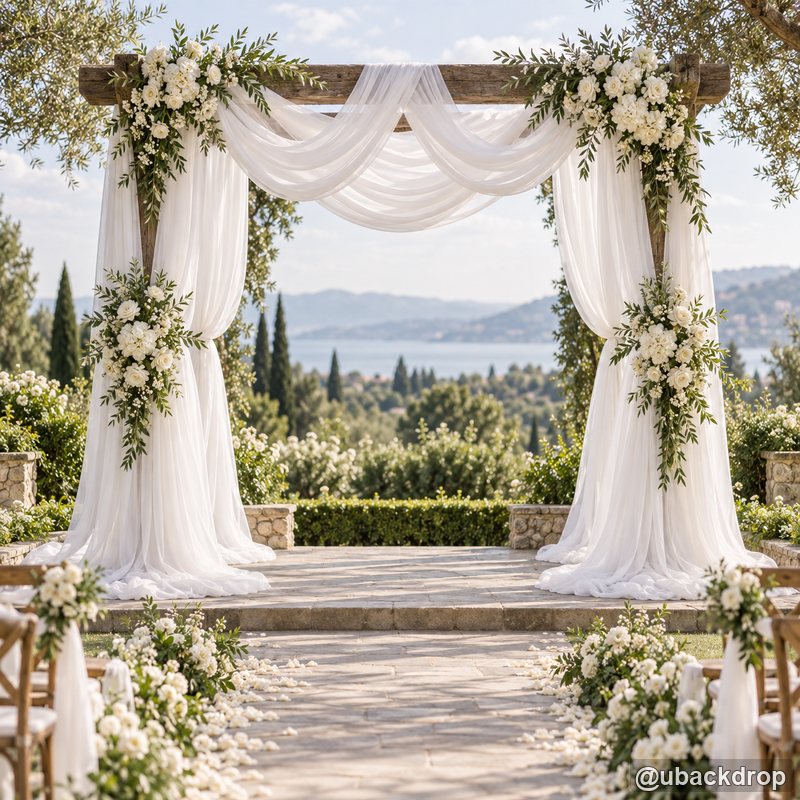 White draped square wedding arch floral lake ceremony party stand