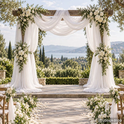 White draped square wedding arch floral lake ceremony party stand