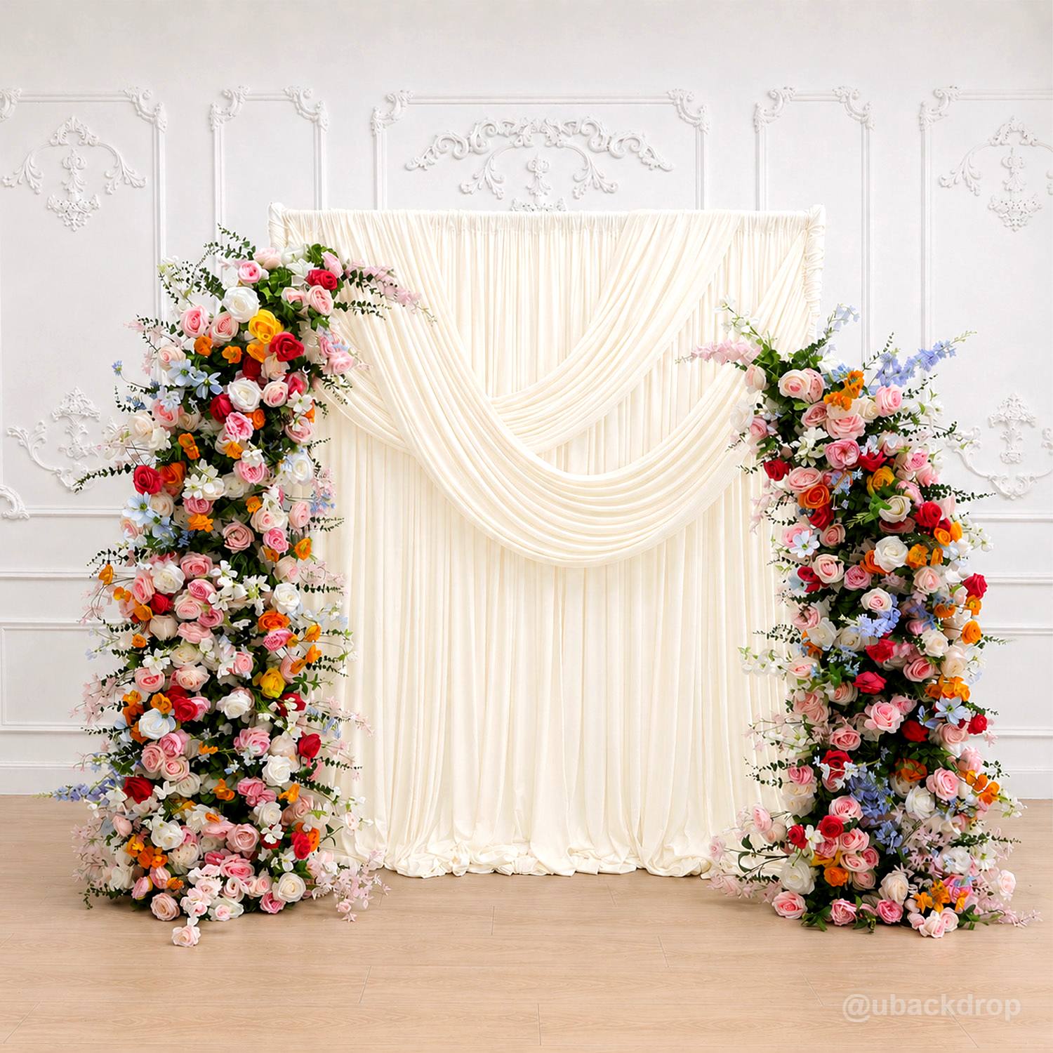 6+7FT Multi-Color Mixed Rose and Hydrangea Horn-Shaped Flower Wall for Party Decor-ubackdrop