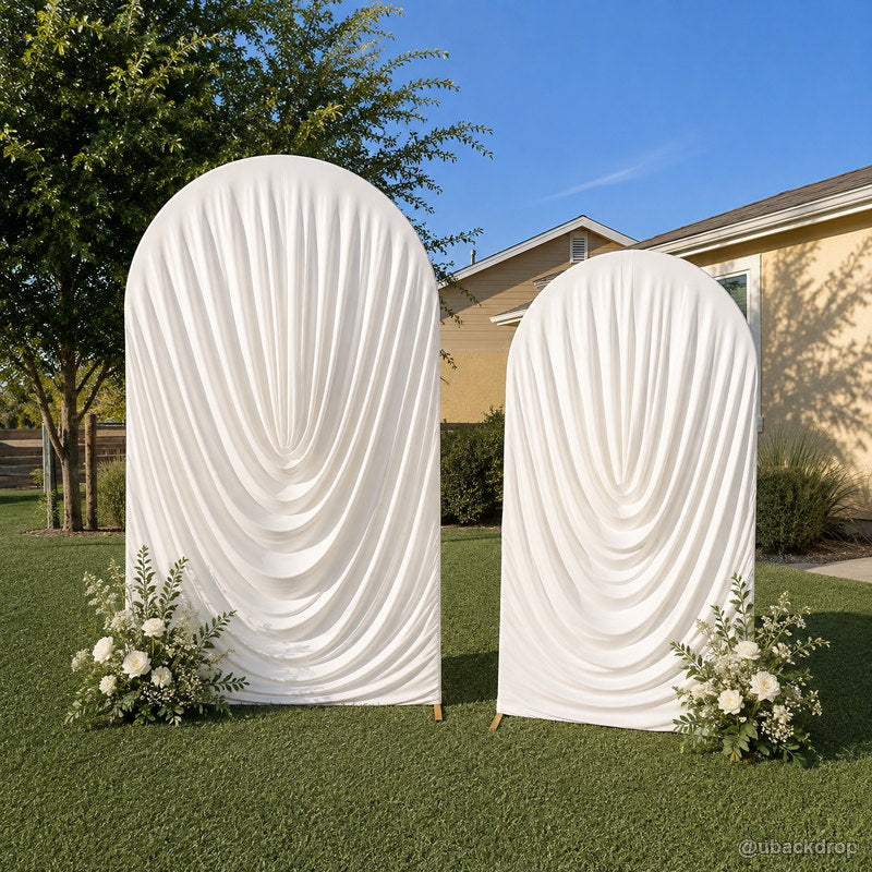 White dual arch ruched fabric outdoor wedding party stand