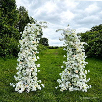 6+7FT White Rose and Hydrangea Horn-Shaped Flower Wall with Greenery for Party Decor-ubackdrop