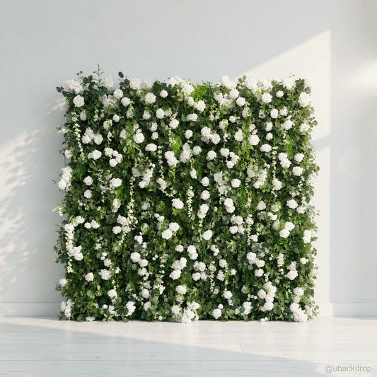 white green flower wall backdrop for wedding event decor