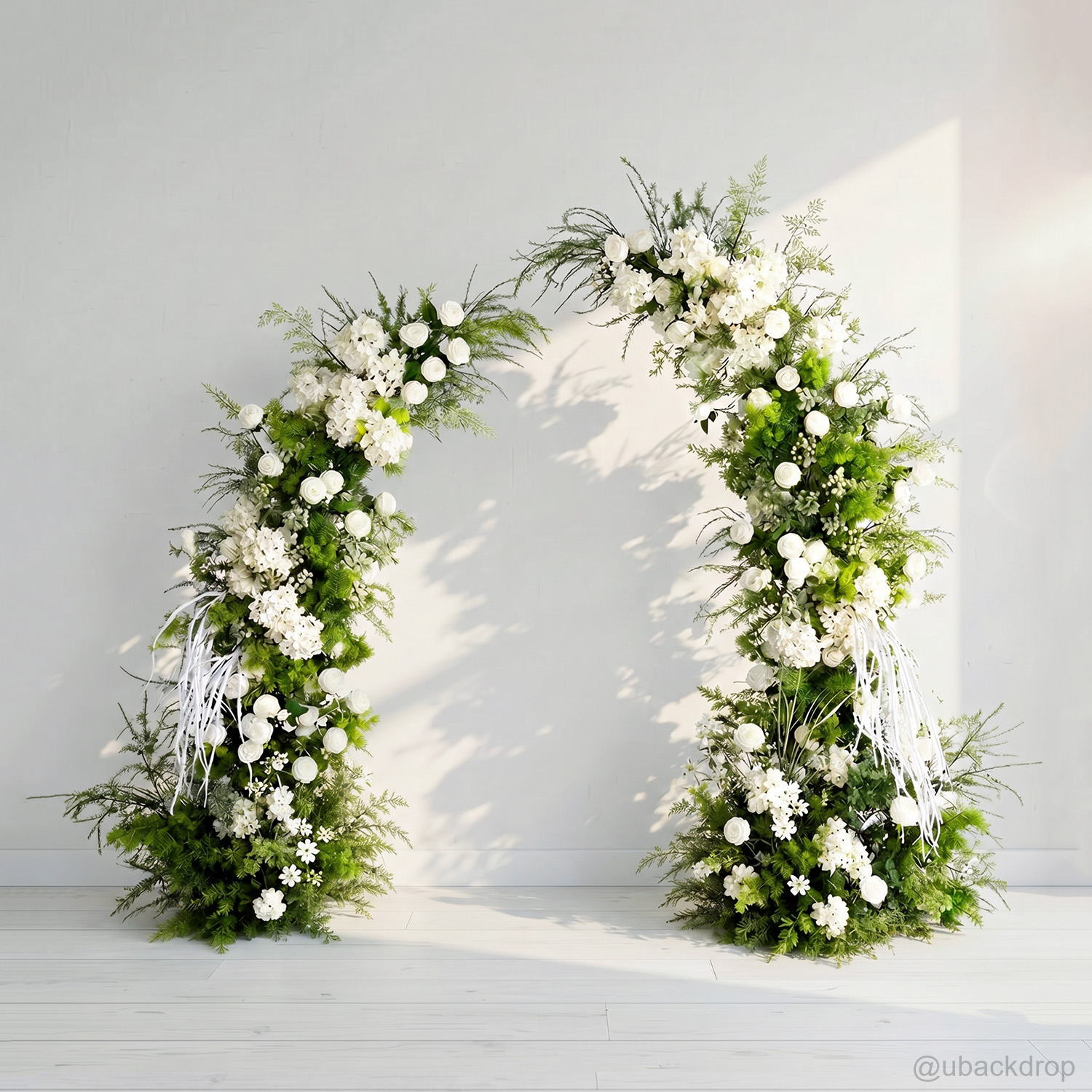 white-green-rounded-floral-arch-stand-backdrop-for-wedding-party-event