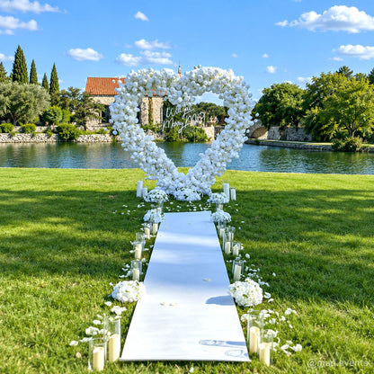 White heart balloon wedding arch aisle garden ceremony backdrop display