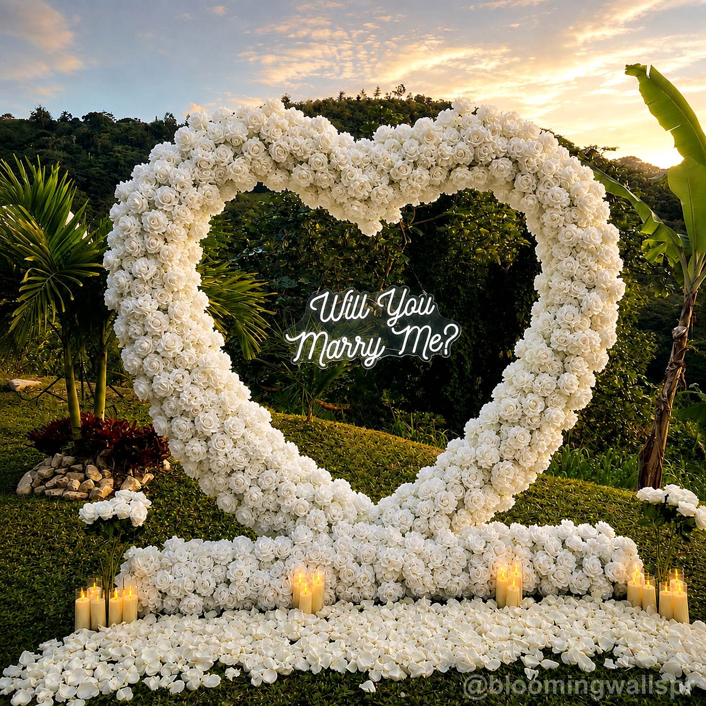 White heart flower wall marriage proposal candle backdrop 2