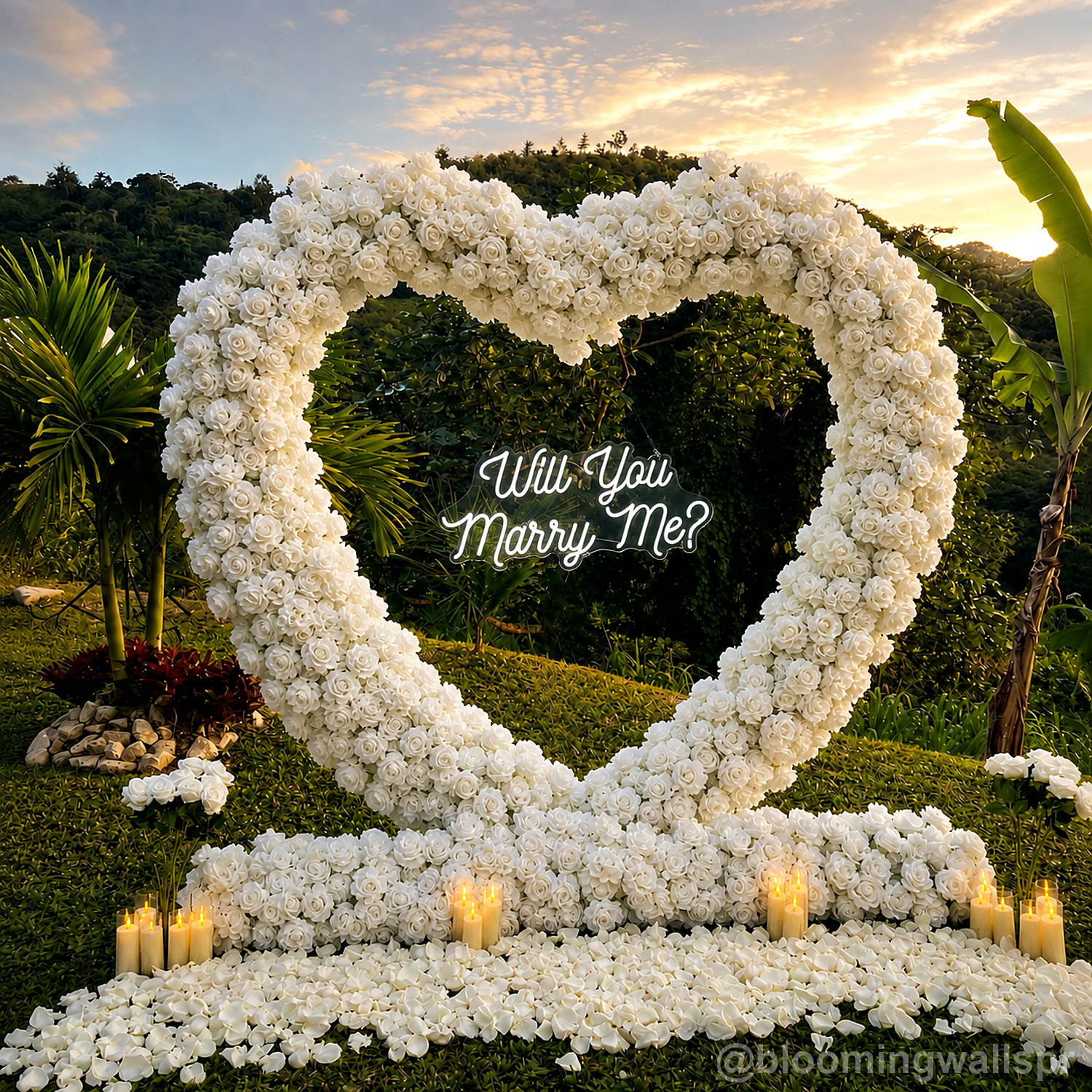 White heart flower wall marriage proposal candle backdrop 2