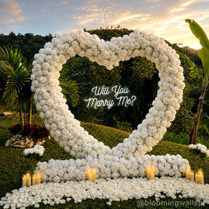 White heart flower wall marriage proposal candle backdrop 2