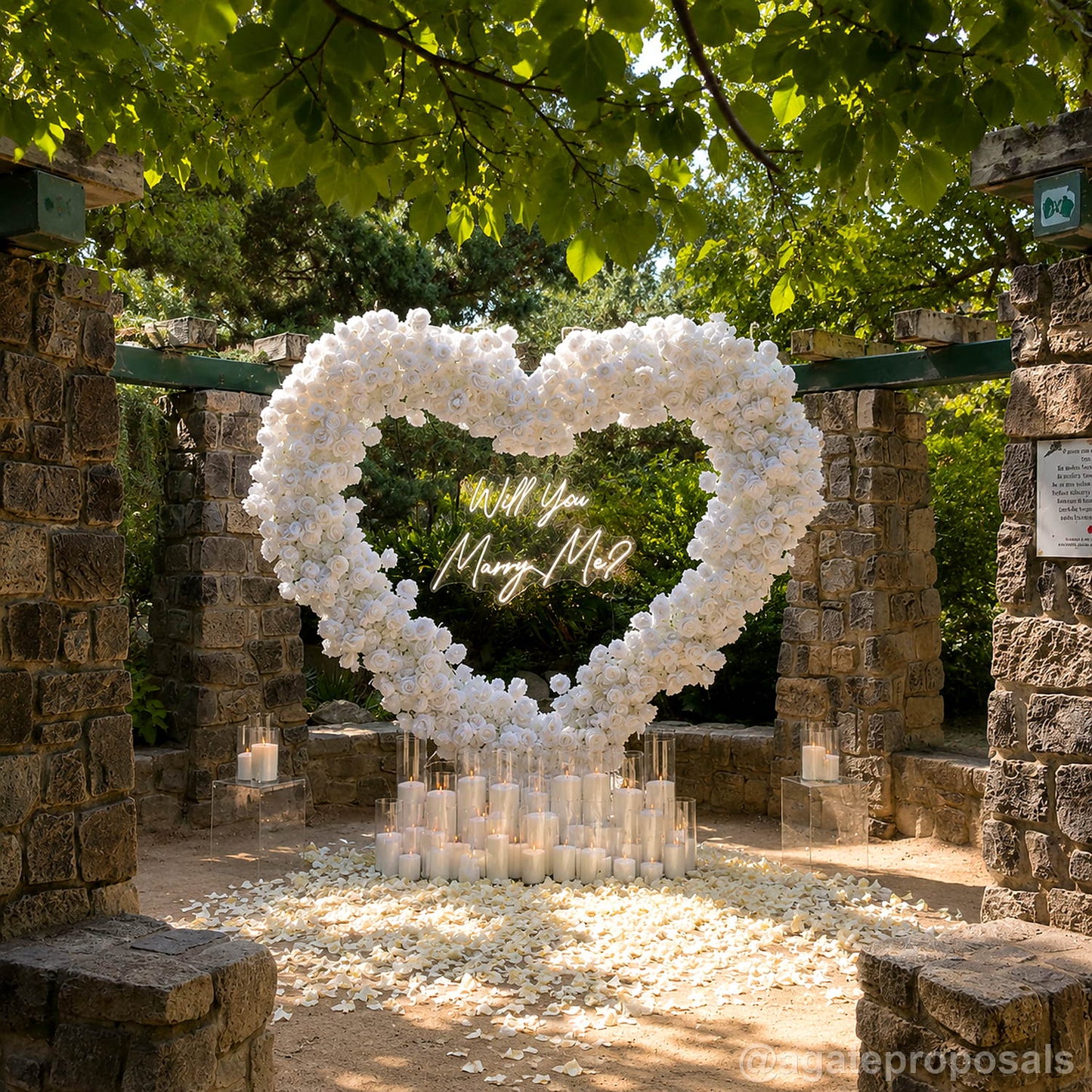 White heart flower wall marriage proposal candle backdrop