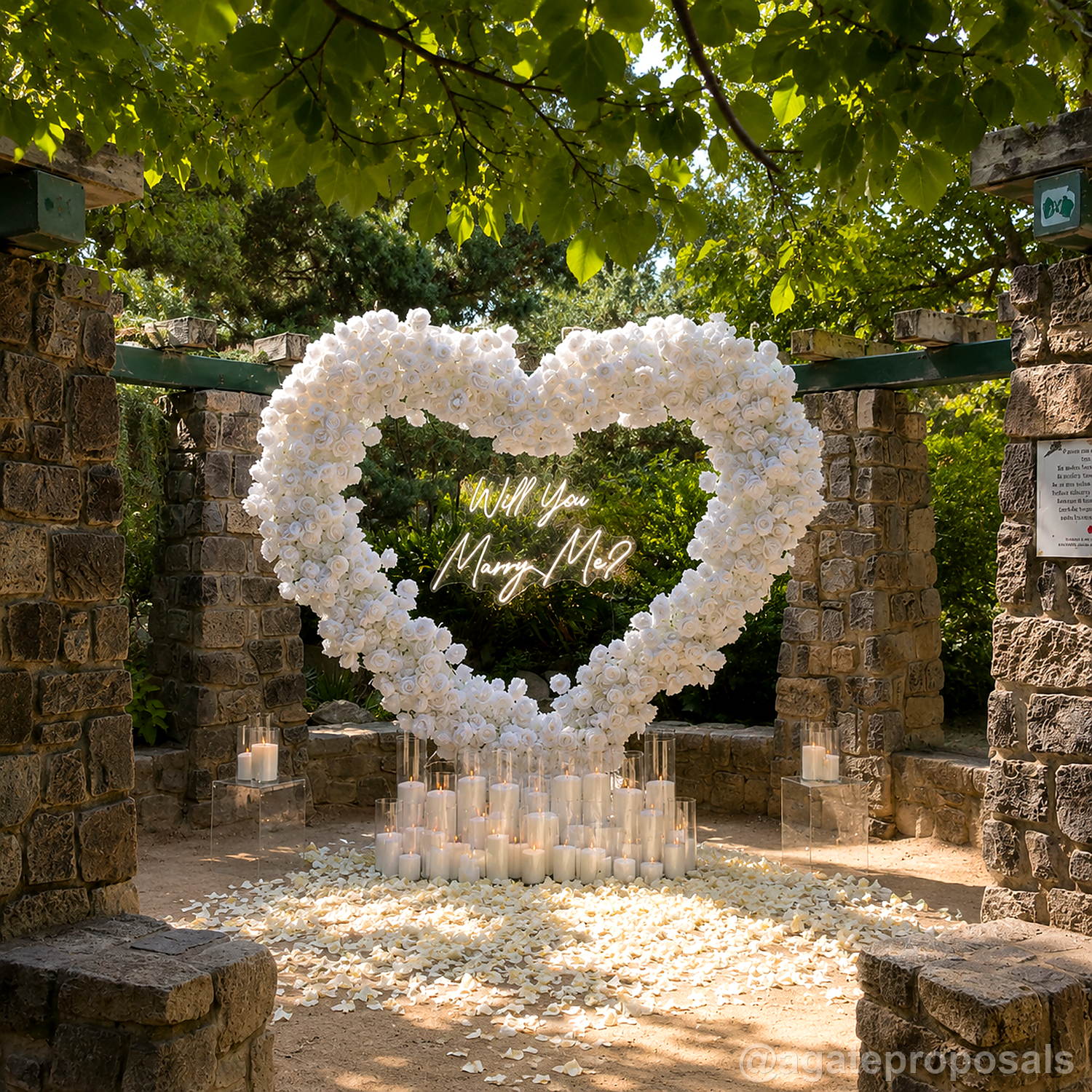 White heart flower wall marriage proposal candle backdrop