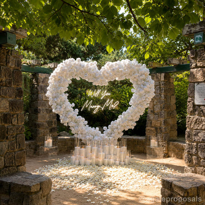 White heart flower wall marriage proposal candle backdrop